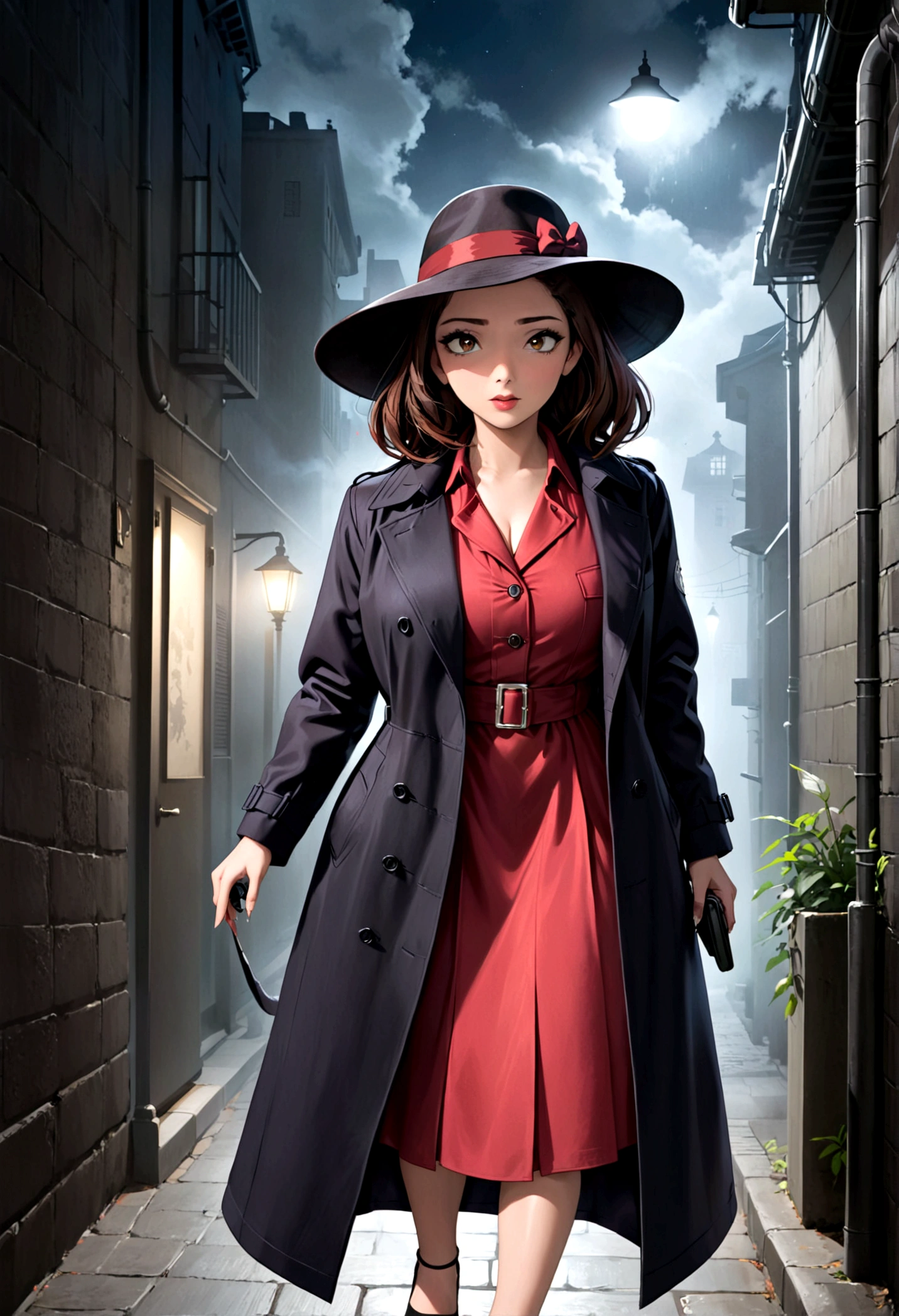 Godzilla (Black trench coat, black felt hat) is a detective in a 1940s mystery film. He is walking down a dark alleyway on a dreary night. The femme fatale in a red dress and wide rim hat trails behind