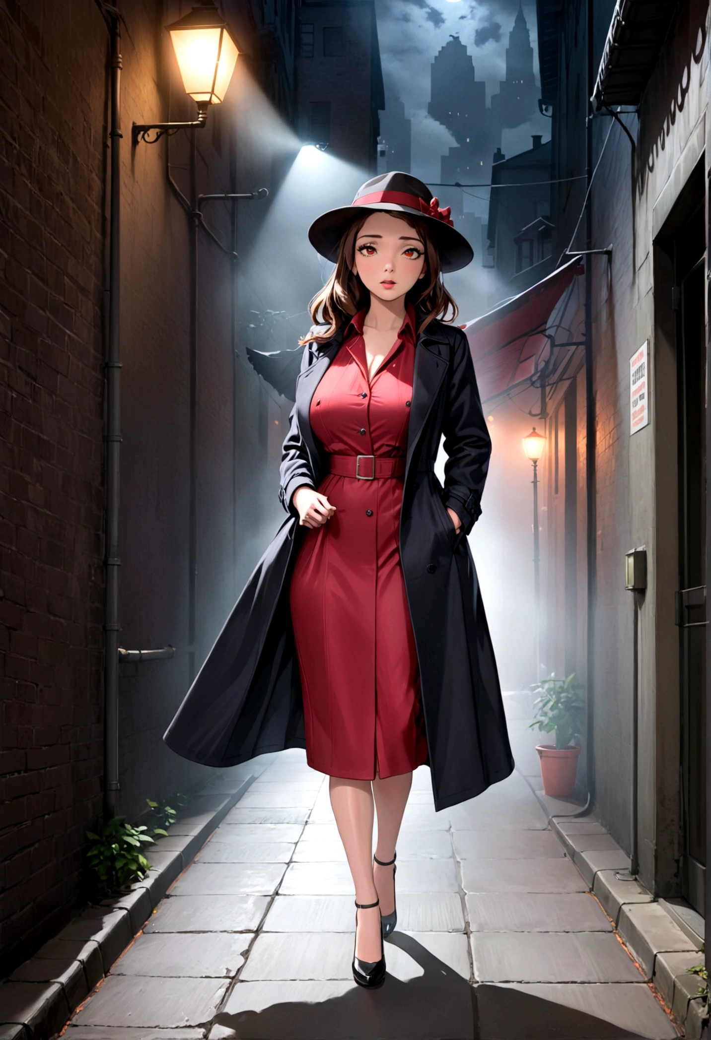 Godzilla (Black trench coat, black felt hat) is a detective in a 1940s mystery film. He is walking down a dark alleyway on a dreary night. The femme fatale in a red dress and wide rim hat trails behind