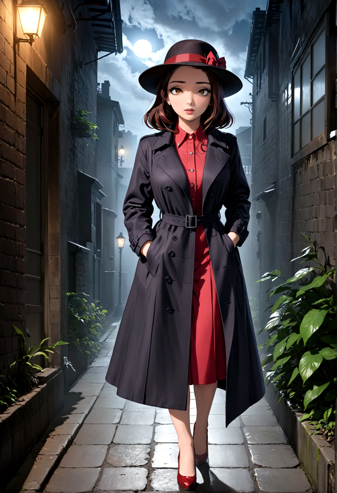 Godzilla (Black trench coat, black felt hat) is a detective in a 1940s mystery film. He is walking down a dark alleyway on a dreary night. The femme fatale in a red dress and wide rim hat trails behind