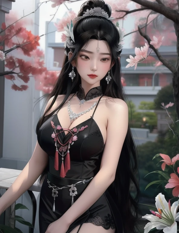 Ultra-realistic 8k CG, picture-Perfect face, Flawless, Clean, masterpiece, Professional artwork, Famous Artworks, light, Bloom, Perfect face, Pretty Face, fantasy, Like a dream, illusory, Science fiction, beautiful clothing, Lace, Lace trim, Lace-trimmed legwear, (rich:1.4), ????????, luxurious, Jewelry, diamond, Kaneko, pearl, gem, 蓝gem, 红gem, emerald, Intricate details, Exquisite pattern, charming, Tempting, Tempting, , enchanting, hair ornament, neckLace, earrings, bracelet, armband,Halo
((,1 Girl, Throw,))(((,lily, Branches, 1 Girl, Tree, spring_\(season\), Solitary, petal, Black_hair, Japanese_clothing,Looking at the audience, ))) (((Full and soft breasts,)))(((Huge breasts))) (((Cleavage)))