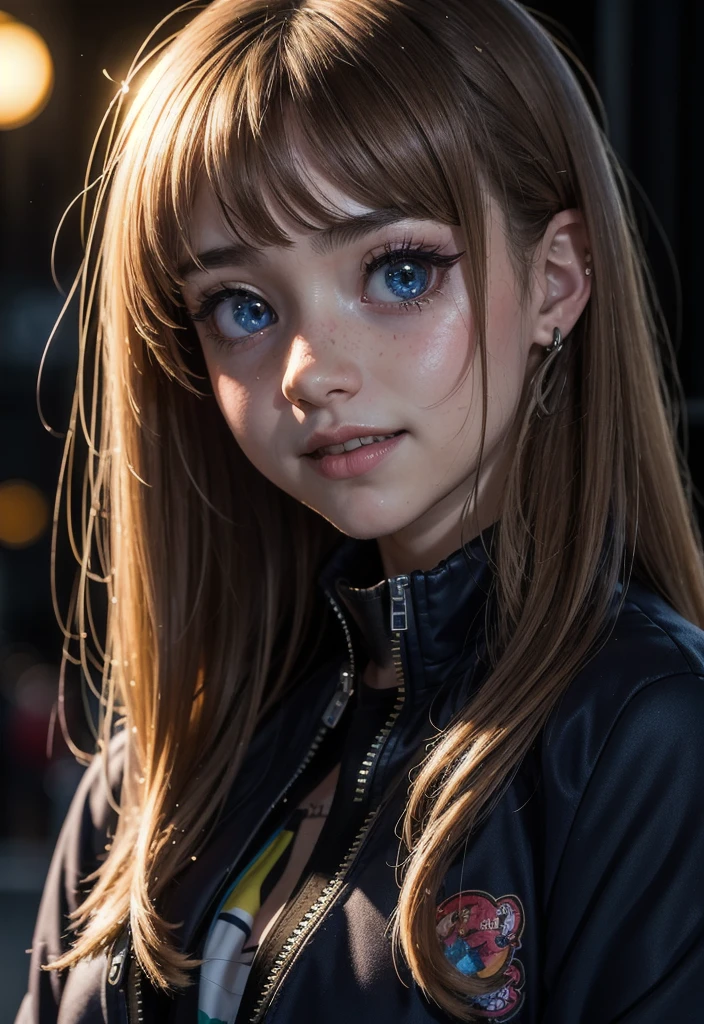 masterpiece, best quality, half body, portrait, night city, 1girl, anime, 3D, Japan, pixar, realistic, teen girl, smiling, cute face, harajuku fashion style, rain coat, beautiful, colourful, neon lights, cyberpunk, smooth skin, illustration, artstation, painting by stanley artgerm lau, sideways glance, foreshortening, extremely detailed 8K, smooth, high resolution, ultra quality, highly detail eyes, highly detail mouth, highly detailed face, perfect eyes, both eyes are the same, true light, glare, Iridescent, Global illumination, (long straight hair), (side comb hair), Big Breasts:1.7, real light, real shadow, real face, hd, 2k, 4k, 8k, 16k, realistic light, realistic shadow, bright Eyes, fluorescent eyes, soft light, dream light