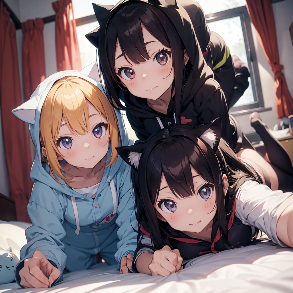 2 anime girls in a cat pajama with hoods and 1 anime girl in a dog pajama with hood in a cute pose in bed, looking up directly at the camera