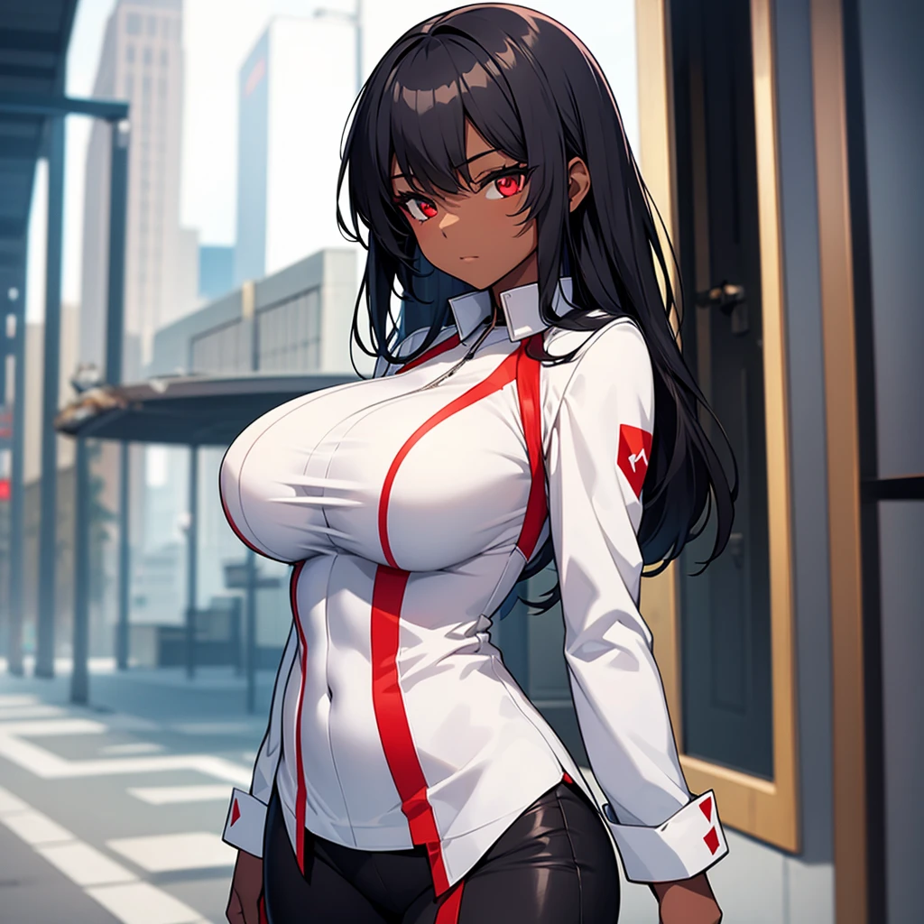 girl, With big breasts, white spy suit, Dark skin, black hair and red eyes 