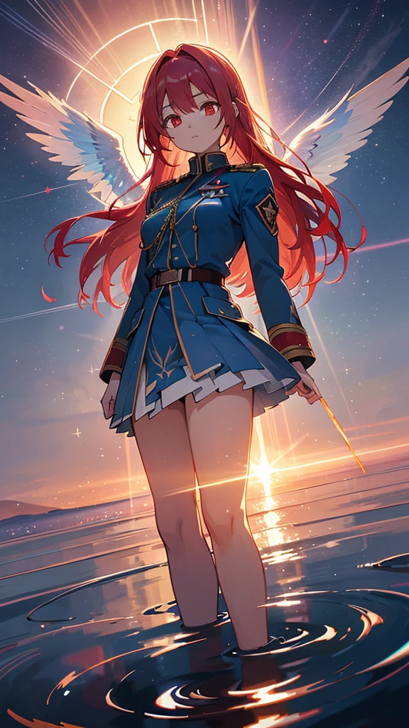 a beautiful young girl with blue angelic wings spread out like stained glass, light red hair,piercing red eyes, translucent hair color, military-style uniform, standing on water with ripples spreading out, shimmering light particles, rays of light, soft bokeh, overall high quality, extremely detailed, masterpiece