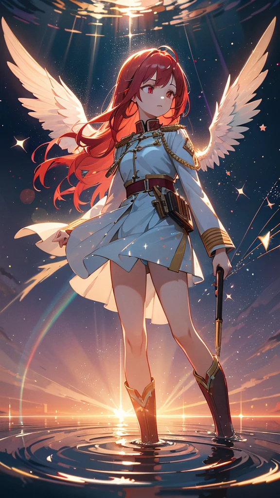 a beautiful young girl with blue angelic wings spread out like stained glass, light red hair,piercing red eyes, translucent hair color, military-style uniform, standing on water with ripples spreading out, shimmering light particles, rays of light, soft bokeh, overall high quality, extremely detailed, masterpiece