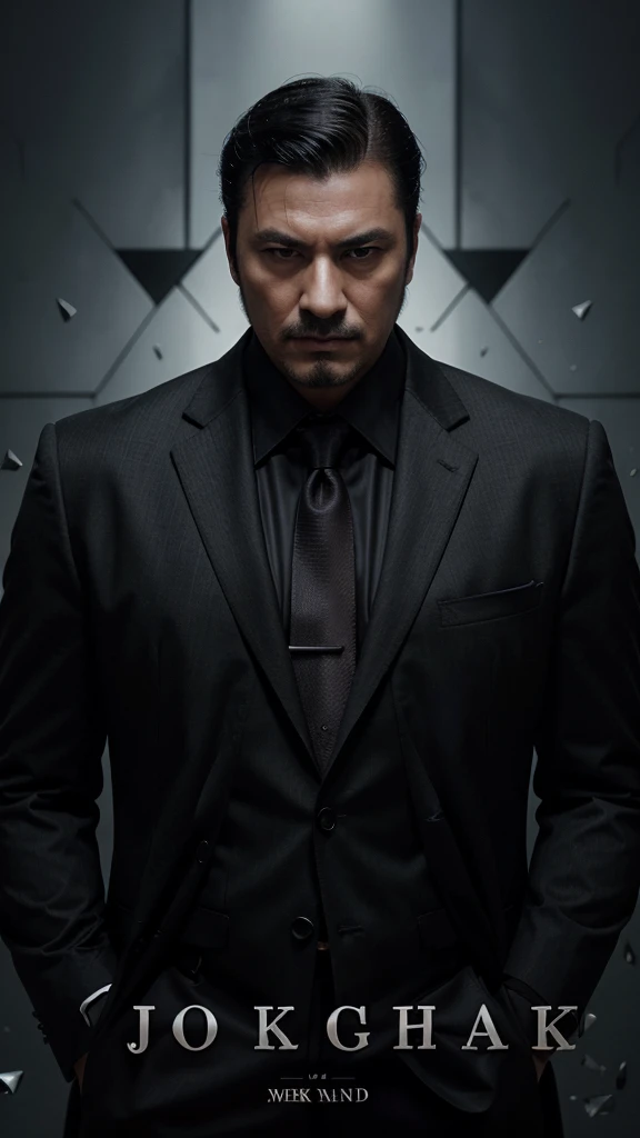 Cover for a mafia book. A handsome western man, jovial, in a suit, well-cut straight black hair. stark, Cao Cao, serious. The background will be black with broken glass, giving effect to the photo.