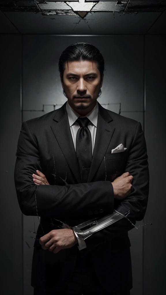 Cover for a mafia book. A handsome western man, jovial, in a suit, well-cut straight black hair. stark, Cao Cao, serious. The background will be black with broken glass, giving effect to the photo. 