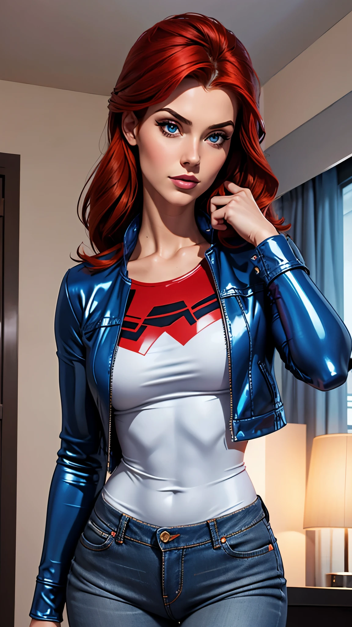 brunette woman , 21 years old year old, thin and small, jeans, gray blouse and blue latex jacket , red hair, beauty. Comic style