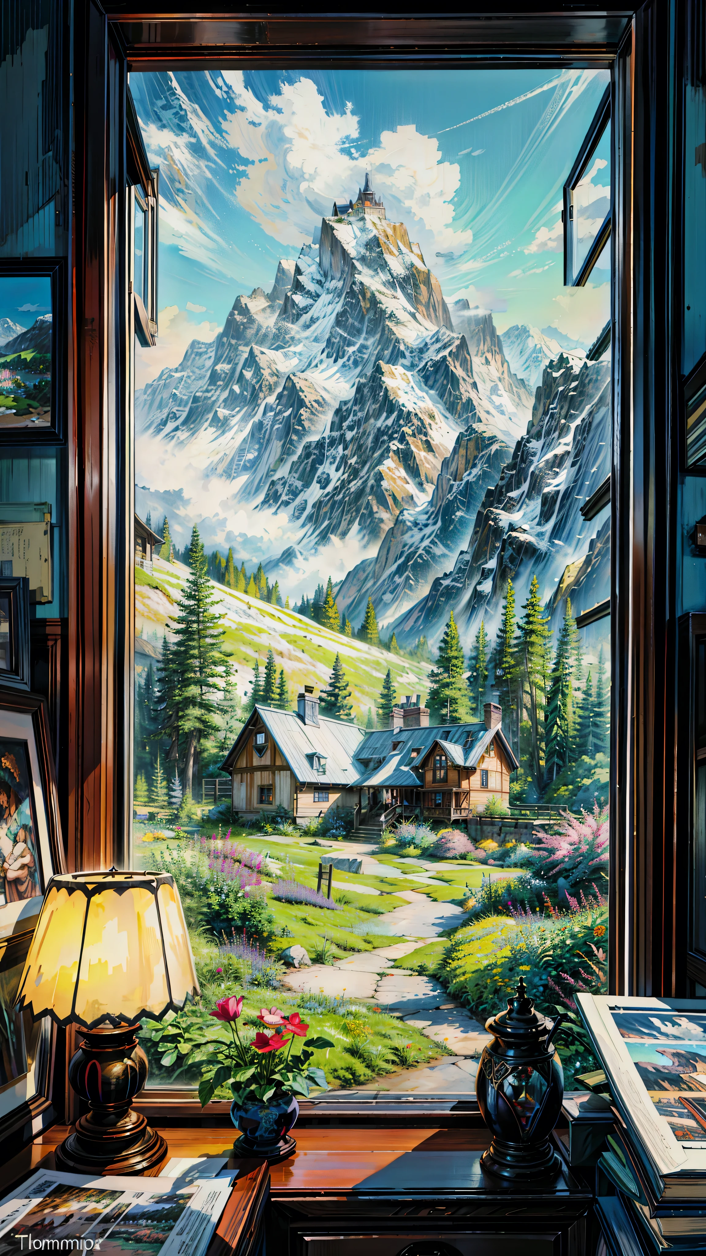 A painting of a mountain view from a window, ( ( Thomas Kinkade ) ), Thomas Kinkade style painting, Thomas Kinkade, リアルなwindow, Thomas Kinkade painting, Photos of beautiful windows, window, by Thomas Kinkade, Thomas Kinkade, Great painting, Hipper realistic painting, window is open, rhads and Thomas Kinkade,  4K High Definition,, Beautiful Art UHD 4K, Beautiful artwork illustration, Beautiful digital painting, Highly detailed digital painting, Beautiful digital art, Detailed painting 4k, Highly detailed digital painting, Rich, picturesque colors, Gorgeous digital painting