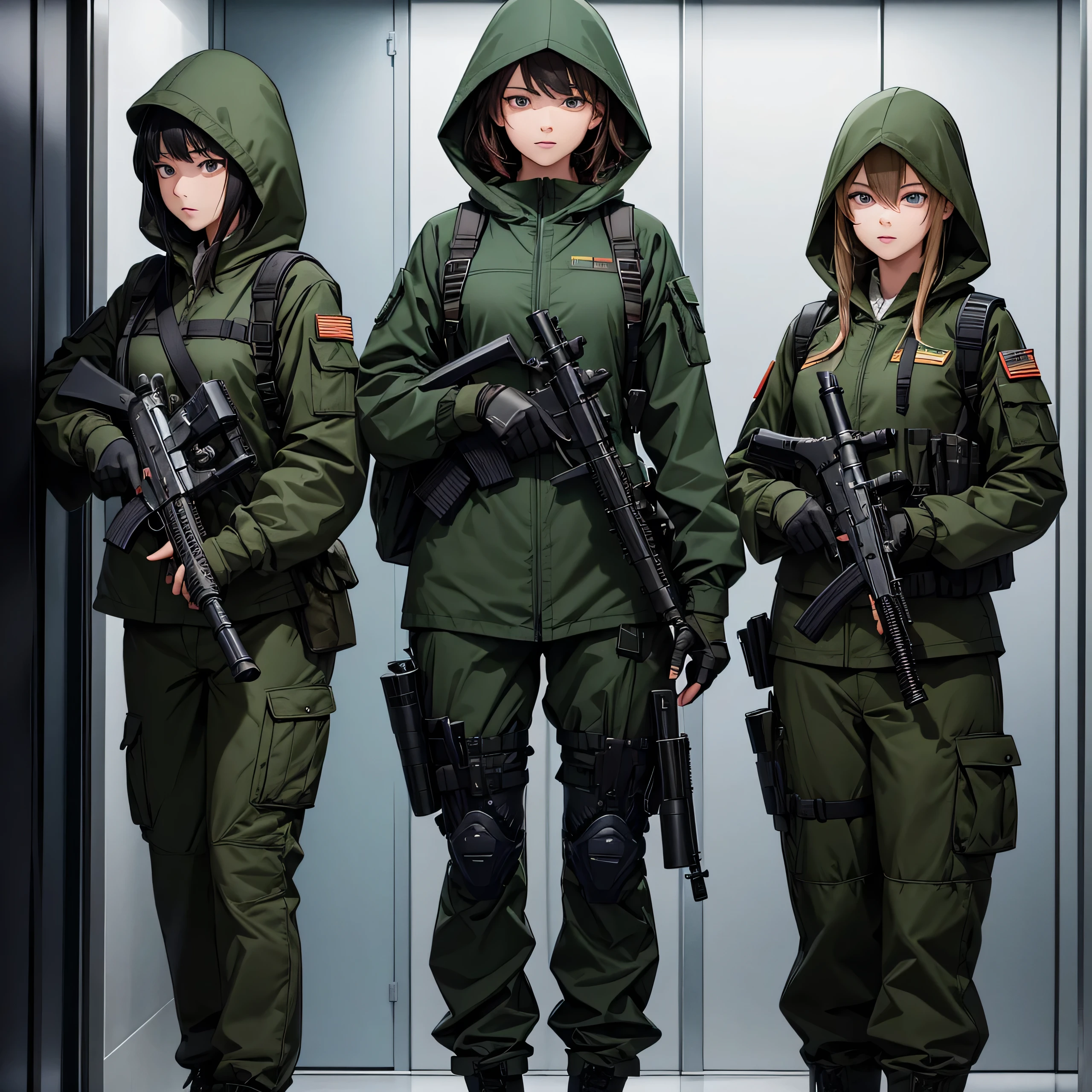 In front of the elevator door、Three female soldiers with guns in their hands、Wear dark green M-51 hooded military uniform、Hooded on head、Military Pants、Full individual equipment、Show only the upper thigh area、Best quality、Very detailed、8K