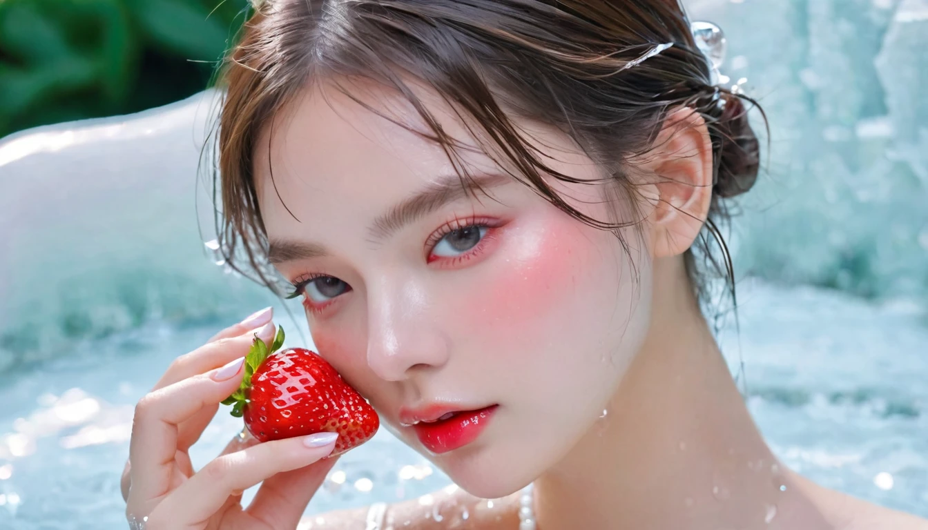 Summer Strawberry Girl,Dopamine teenage, Cool summer days,Ice cubes,The watery girl,Delicate skin,Hydration,Shiny,Shiny,dream,Front view,bust,pearl,Strawberry fruit