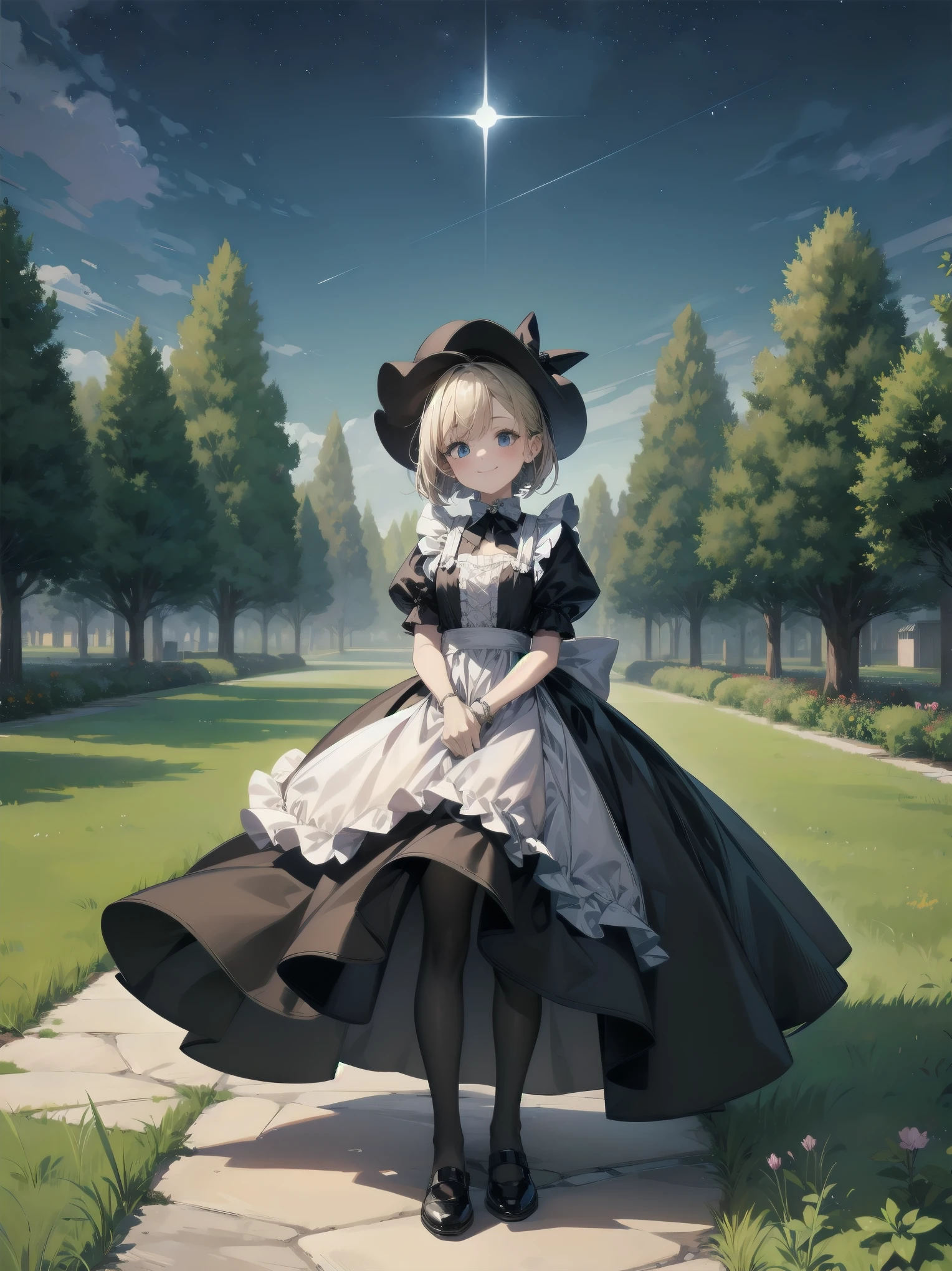 A serene outdoor scene unfolds at dusk, with a brilliant blue sky transitioning into a canvas of twinkling stars. A beautiful young girl, dressed in a stunning white and black gothic maid dress adorned with a navy blue ribbon, stands amidst lush green grass. Her companion, a delightful ddler, dons a charming maid hat with ruby accessories, complemented by black stockings and shoes. The line beams with joy, smiling brightly as they gaze up at the celestial display together