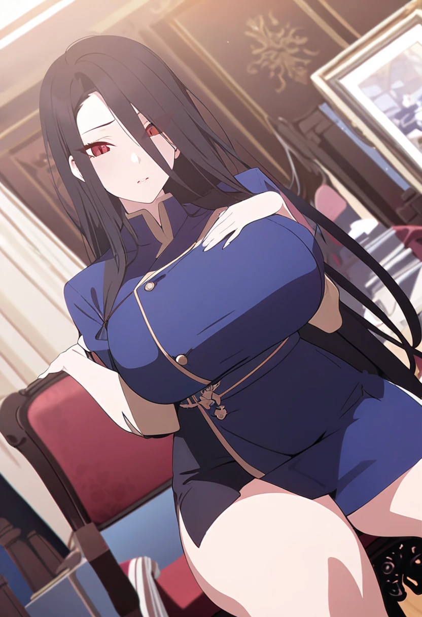 (One tall woman,Black Hair,Long hair,Red Eyes,Dynamic Angle,Large Breasts,Wide thighs)Woman sitting on chair,Blue Robe,Black short skirt,The background is the living room