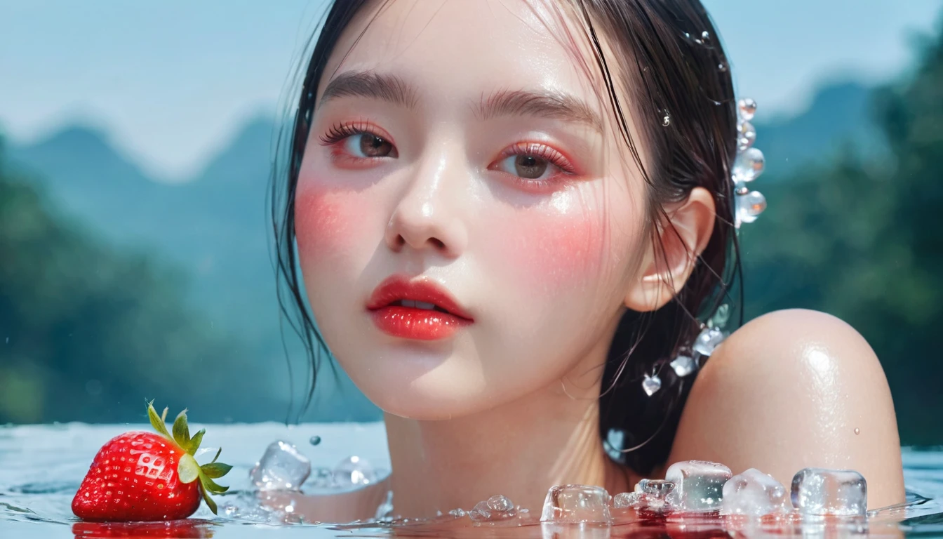 Summer Strawberry Girl，Dopamine teenage， Cool summer days，Ice cubes，The watery girl，Delicate skin，Hydration，Shiny，Shiny，dream，Front view，bust，pearl，Strawberry fruit