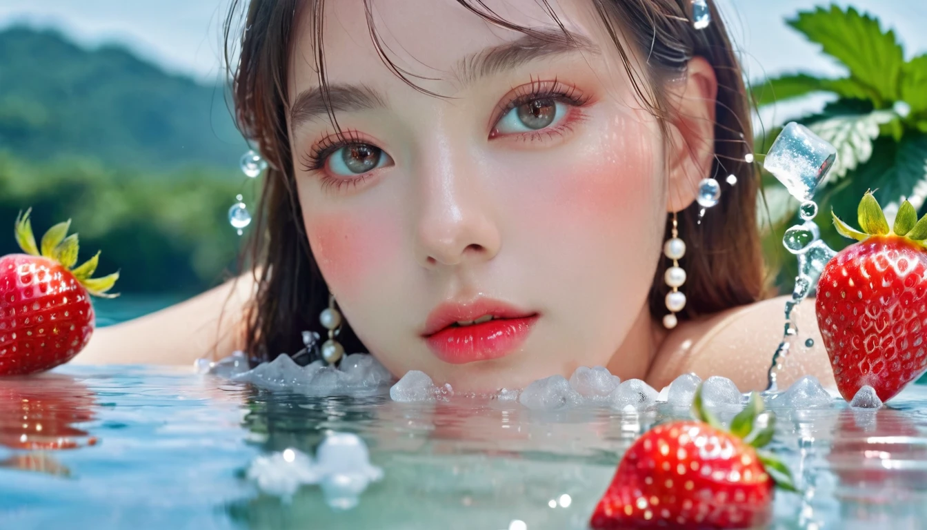 Summer Strawberry Girl,Dopamine teenage, Cool summer days,Ice cubes,The watery girl,Delicate skin,Hydration,Shiny,Shiny,dream,Front view,bust,pearl,Strawberry fruit