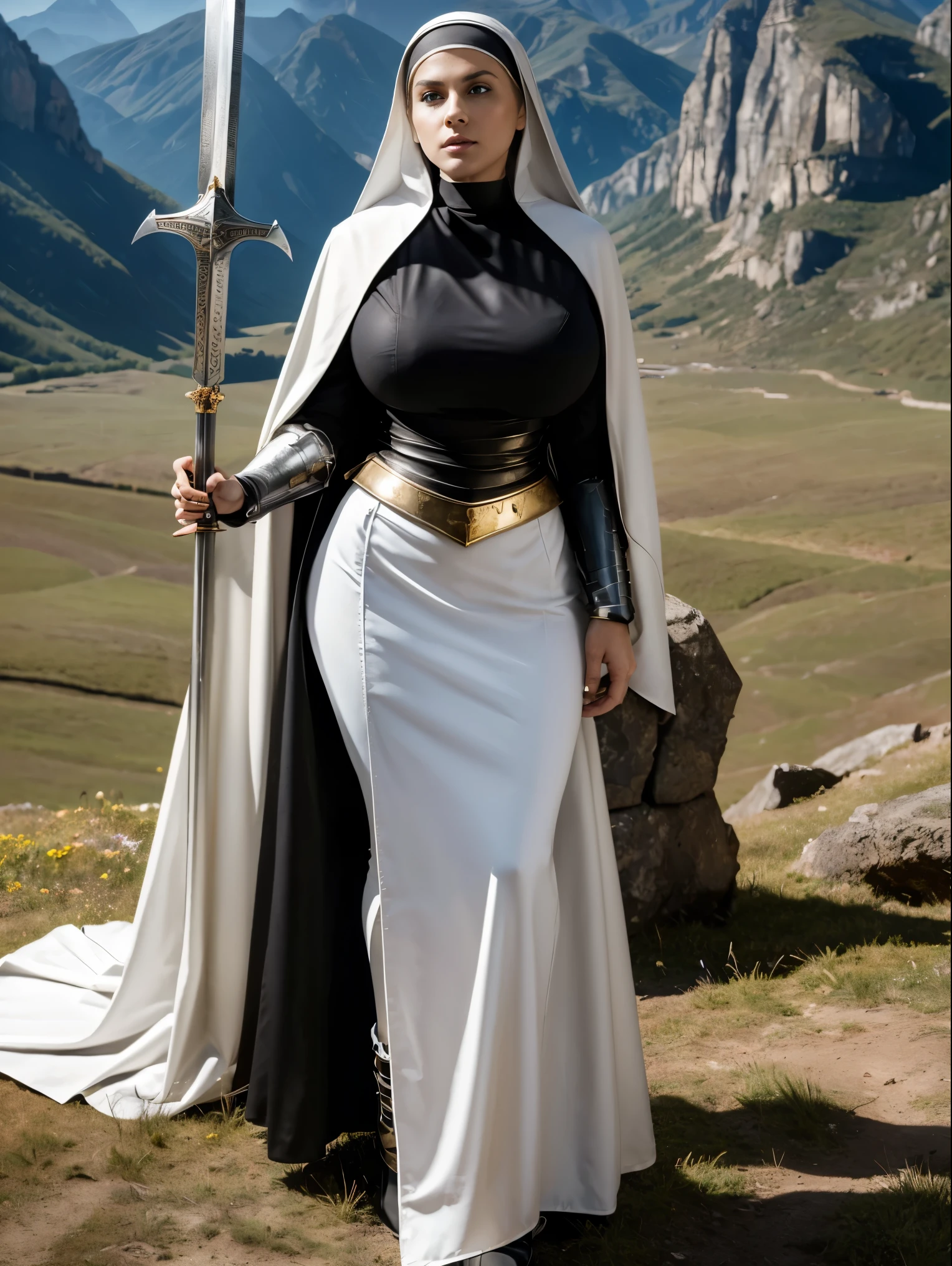 (masterpiece, top quality, best quality, official art, beautiful and aesthetic:1.2), (1girl:1.3), ((Sharp facial features, sharp features, hawkish features)), ((blue eyes)), busty brunette paladin knight girl, extremely detailed, portrait, looking at viewer, solo, (full body:0.6), detailed background, full-body shot, (warm mountain meadow theme:1.1), holy knight, (nun), charlatan, smirk, mysterious, swaying in mountains, armor, polished metal, gold trim, long boots, white fabric, pelvic curtain, robe, pale leather, ((((nun, greatsword, corona, holy aura, heavy armor, armored, long legs, pelvic curtain, toned, muscular)))), slim waist, slim ????, long legs, medieval (mountain exterior:1.1) background, dark mysterious lighting, shadows, magical atmosphere, dutch angle