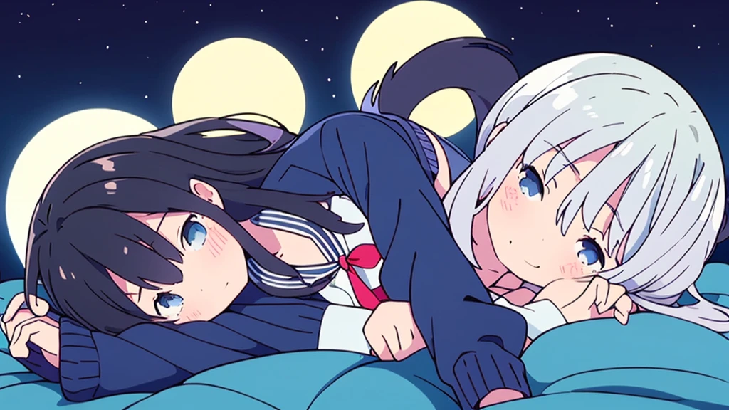 Shinjuku skyscraper district full moon night big moon elementary school girl 8-year-old flat chest black hair long hair eyes are purple ((1 person)) Cardigan on top of white long-sleeved sailor uniform Lower body navy blue full body show panties