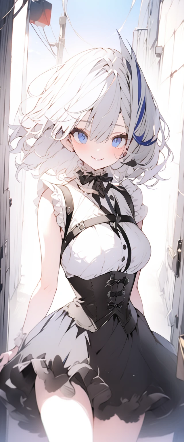 1girl, one_eye_closed, breasts, solo, twintails, short_twintails, low_twintails, blue_eyes, cleavage, medium_breasts, bare_shoulders, dress, white_background, puffy_sleeves, looking_at_viewer, grey_hair, simple_background, bangs, cowboy_shot, eyebrows_visible_through_hair, blush, short_sleeves, puffy_short_sleeves, short_hair <lora:style_GIn00:1.0>