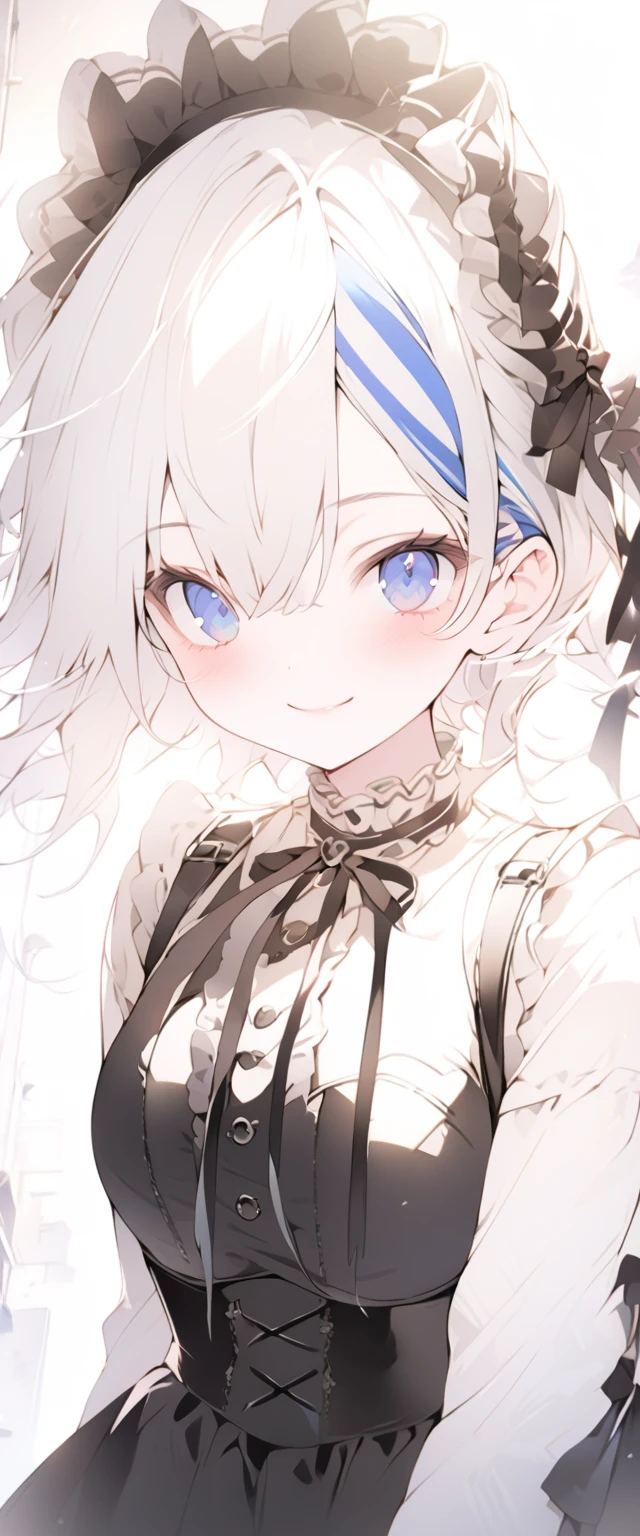 beautiful, masterpiece, Highest quality, anime, One girl, C Cup,Portrait Shot, View your viewers, Covered、Short Hair、nearby、Blue Eyes、art、、White hair,Blue streaked hair、hairpin、Cute smile、Thighs、Cute、Beautiful breasts、Sweat、、separate、mirror、