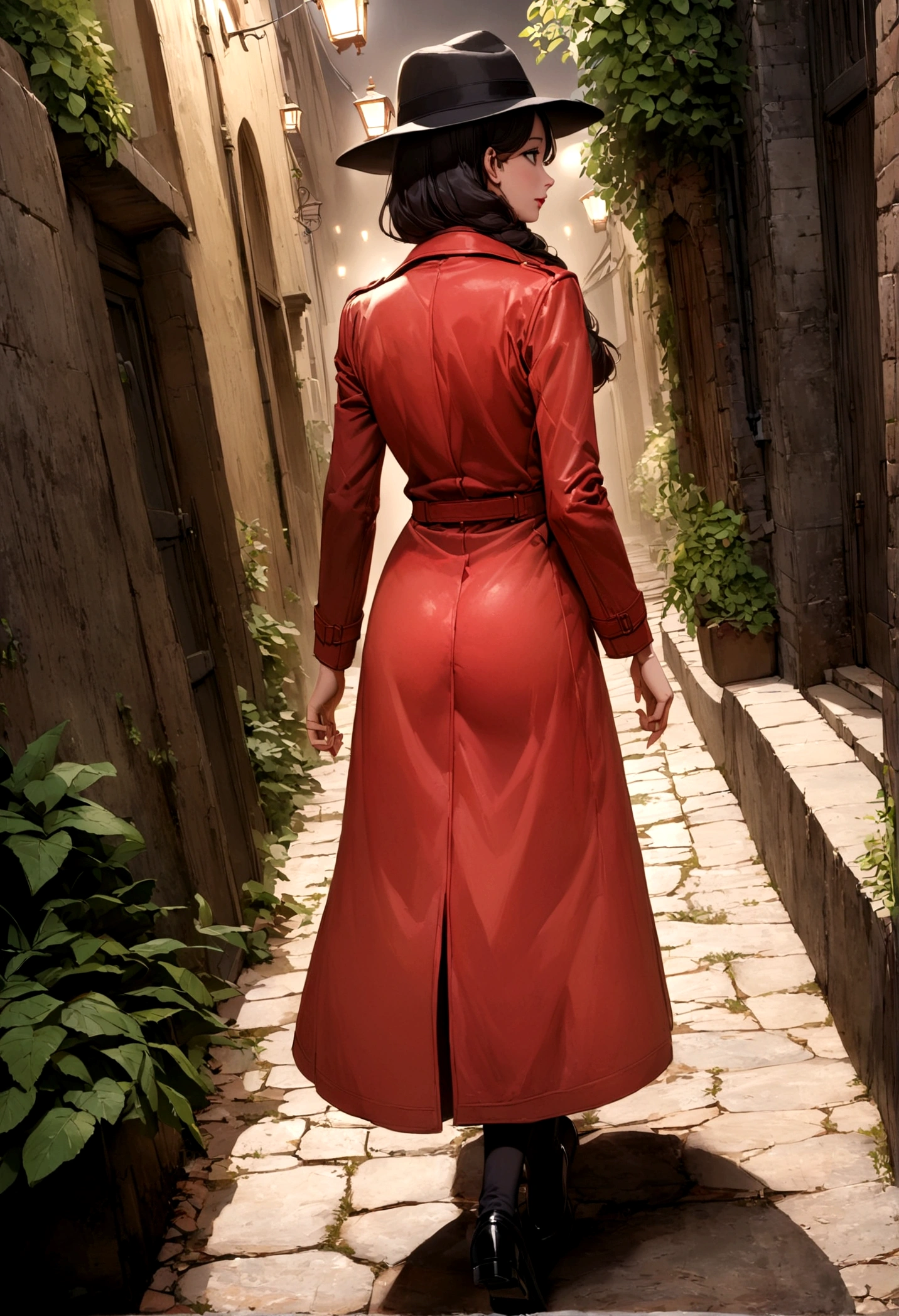 Godzilla (Black trench coat, black felt hat) is a detective in a 1940s mystery film. He is walking down a dark alleyway on a dreary night. The femme fatale in a red dress and wide rim hat trails behind