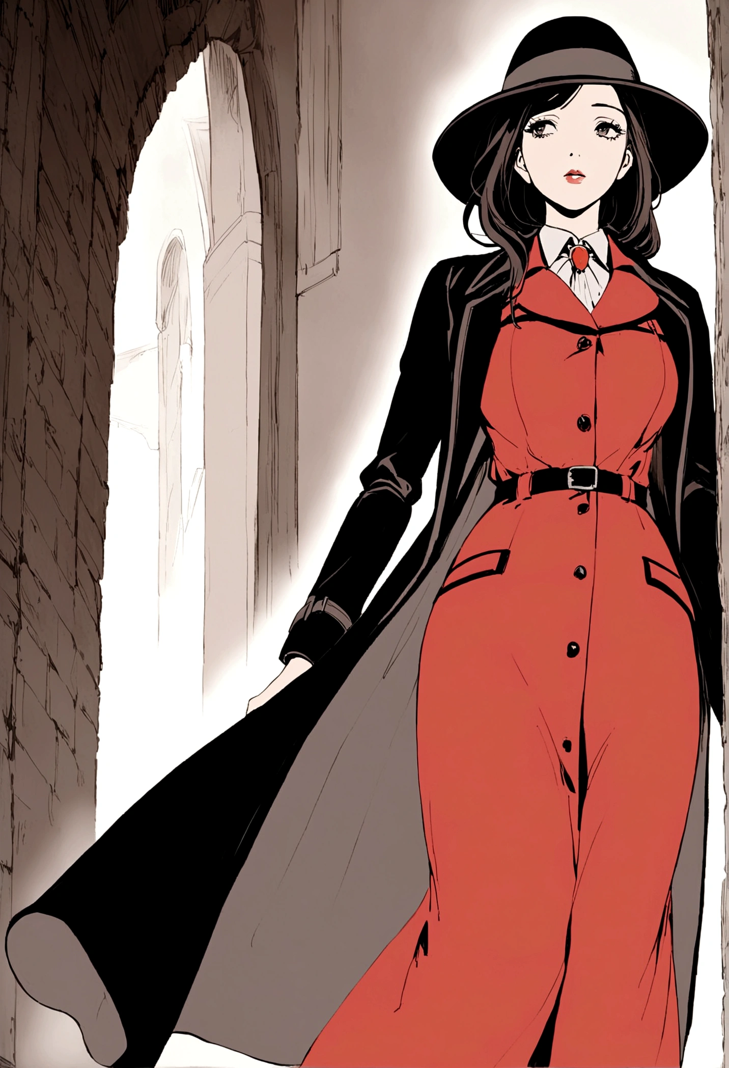 Godzilla (Black trench coat, black felt hat) is a detective in a 1940s mystery film. He is walking down a dark alleyway on a dreary night. The femme fatale in a red dress and wide rim hat trails behind