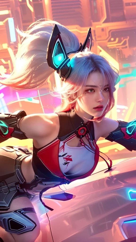 a close up portrait of a woman with long white and red hair, detailed futuristic cyberpunk outfit, intricate facial features, intense gaze, (best quality,8k,highres,masterpiece:1.2),ultra-detailed,(realistic,photorealistic,photo-realistic:1.37),digital art, concept art, cinematic lighting, moody lighting, dramatic shadows, glowing neon colors, vibrant colors