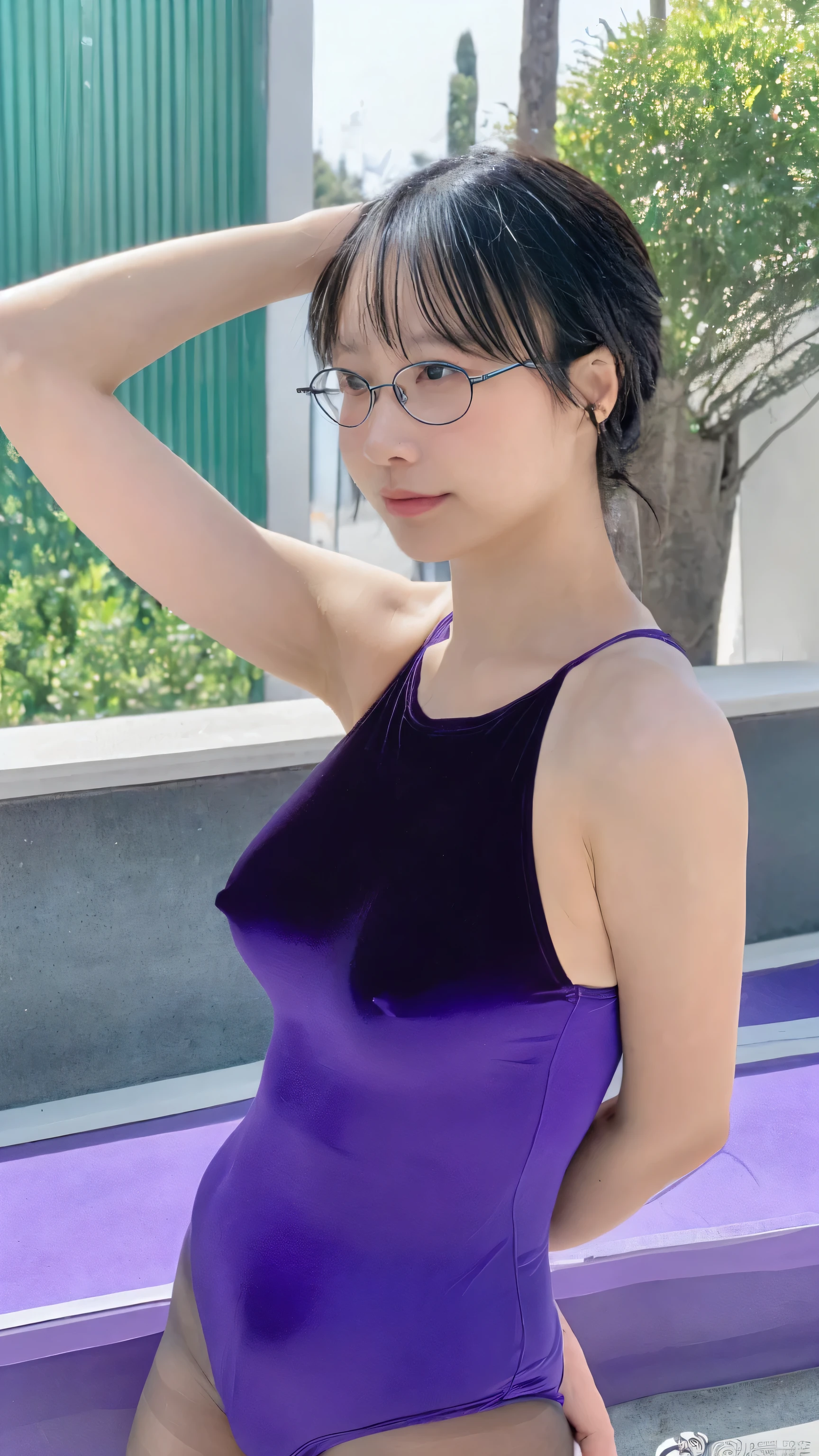 (a cute gilr:1.0), (velour leotard:1.1), (shiny violet colored leotard:1.3), (high-necked leotard:1.0), (low exposed leotard:1.0), (She must wear realistic fine smooth dark black pantyhose:1.3), (Clear Lens Glasses:1.3), (very beautiful shape of her breasts:1.0), (huge breasts:1.3), (very beautiful shape of her buttocks:1.0), (Large raised mound:1.0), (both big long nipples are visible through her leotard:1.5), (Huge clitoris is visible through her leotard:1.5), (Her entire chest and most of her buttocks are covered by her leotard:1.2), (Under 40 years old:1.0), (Black Hair:1.0), (Straight hair:1.0), (black eyes:1.0), ((Stern face with slanted eyes, Serious and good-student-like face, A plain beautiful girl face, Upturned eyes, Narrow eyes)), (Ultra-high resolution, super high quality, Very detailed, RAW Photos, masterpiece, Fine skin), (Photorealistic:1.0), (Random Configuration:1.3), (Random posture:1.3), (Anatomically correct:1.0), (Perfect Anatomy:1.0), (Pool:1.2)