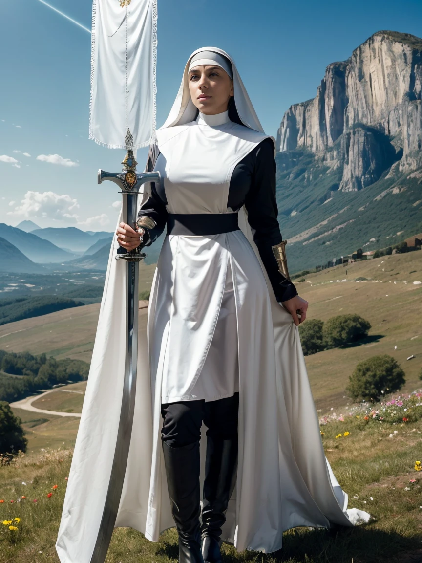 (masterpiece, top quality, best quality, official art, beautiful and aesthetic:1.2), (1girl:1.3), ((Sharp facial features, sharp features, hawkish features)), ((blue eyes)), busty brunette paladin knight girl, extremely detailed, portrait, looking at viewer, solo, (full body:0.6), detailed background, full-body shot, (warm mountain meadow theme:1.1), holy knight, (nun), charlatan, smirk, mysterious, swaying in mountains, armor, polished metal, gold trim, long boots, white fabric, pelvic curtain, robe, pale leather, ((((nun, greatsword, corona, holy aura, heavy armor, armored, long legs, pelvic curtain, toned, muscular)))), slim waist, slim hips, long legs, medieval (mountain exterior:1.1) background, dark mysterious lighting, shadows, magical atmosphere, dutch angle