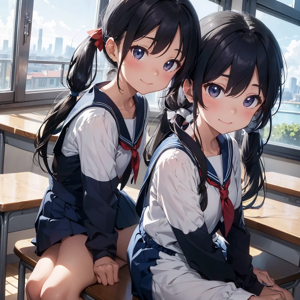 Highest quality, Very detailed, masterpiece, One Girl, Sit on a chair, talk, Smile, , (low twintails:1.2), Low Pigtails, Black Hair, Long Hair, (Navy blue sailor suit:1.4), Blue ribbon, Long sleeve, School desk, School Chair, classroom, from the front, window, distant cityscape, A town with hills, Sea in the back, 16 o'clock, anime, (Close up on face),