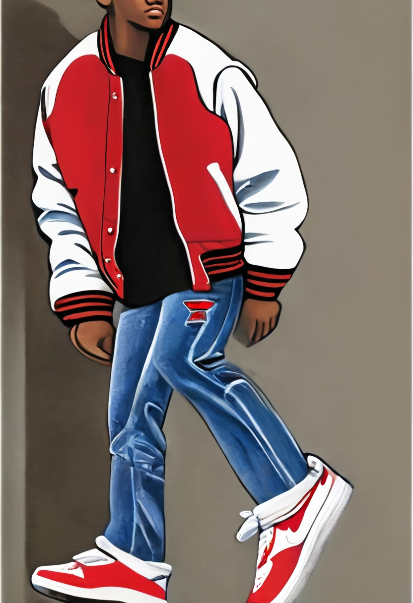 A African American teenager letter jacket (red and black B) on front and back of it. White Tee shirt ,a pair of jeans, white Nike Air Force One shoes 