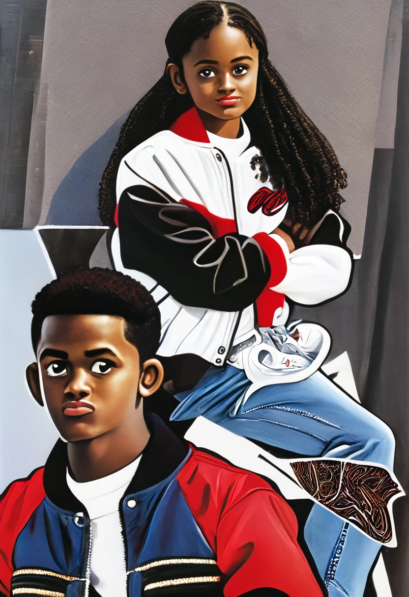 A African American ager letter jacket (red and black B) on front and back of it. White Tee shirt ,a pair of jeans, white Nike Air Force One shoes