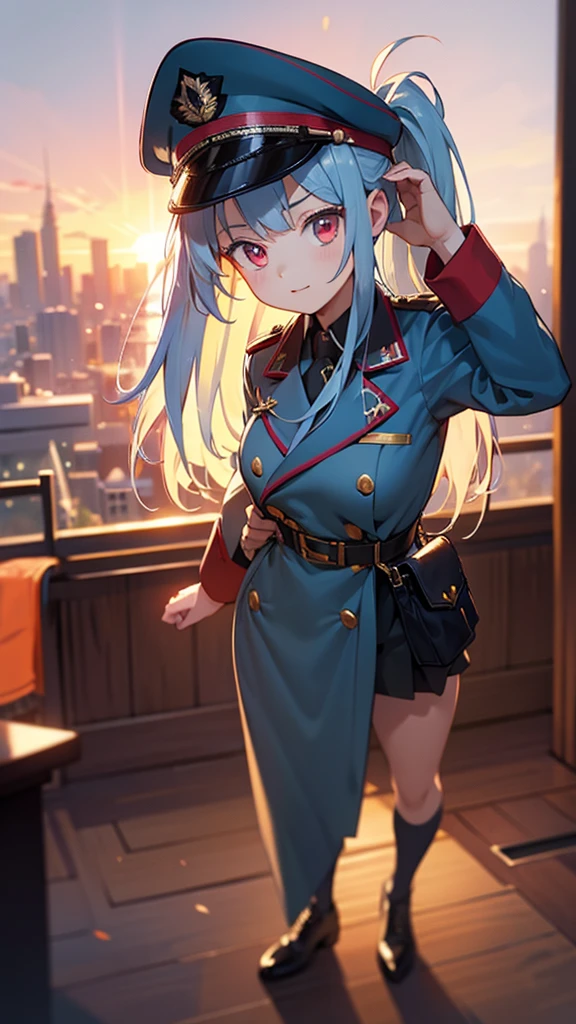1girl, 18 years old, cute high school girl, light blue hair, red eyes, military uniform, military cap, saluting, bathed in sunset light, serious expression, nostalgic atmosphere, full body, best quality, 8k, highres, masterpiece:1.2, ultra-detailed, realistic, photorealistic:1.37, HDR, UHD, studio lighting, ultra-fine painting, sharp focus, physically-based rendering, extreme detail description, professional, vivid colors, bokeh