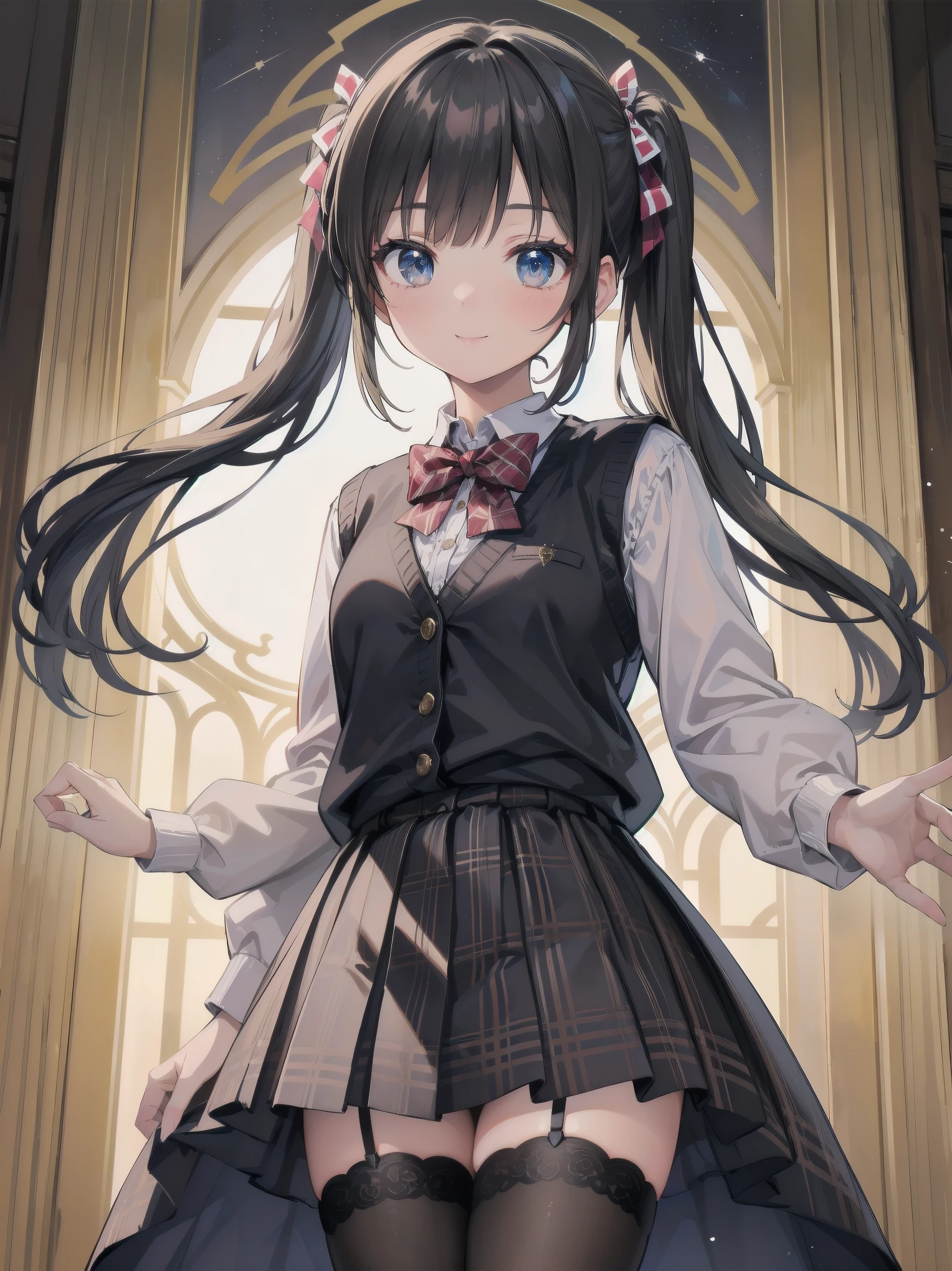 A lavish, photorealistic illustration of Soro, a charming 19th-century maiden, exudes elegance in a masterfully crafted scene. Framed by a ornate, gilded archway, she stands poised, her twintails adorned with sparkling bows, her cardigan vest and short-sleeved shirt perfectly complementing her plaid skirt. Over black legwear, her loafers add a touch of whimsy. A radiant smile spreads across her face, her eyes sparkling like diamonds in the soft, golden light. Every detail, from the intricate lace trim to the delicate folds of her garments, is meticulously rendered by a master illustrator's hand, Dynamic angle shooting by Spielberg、Audrey Hepburn's acting instruction: Dynamic poses