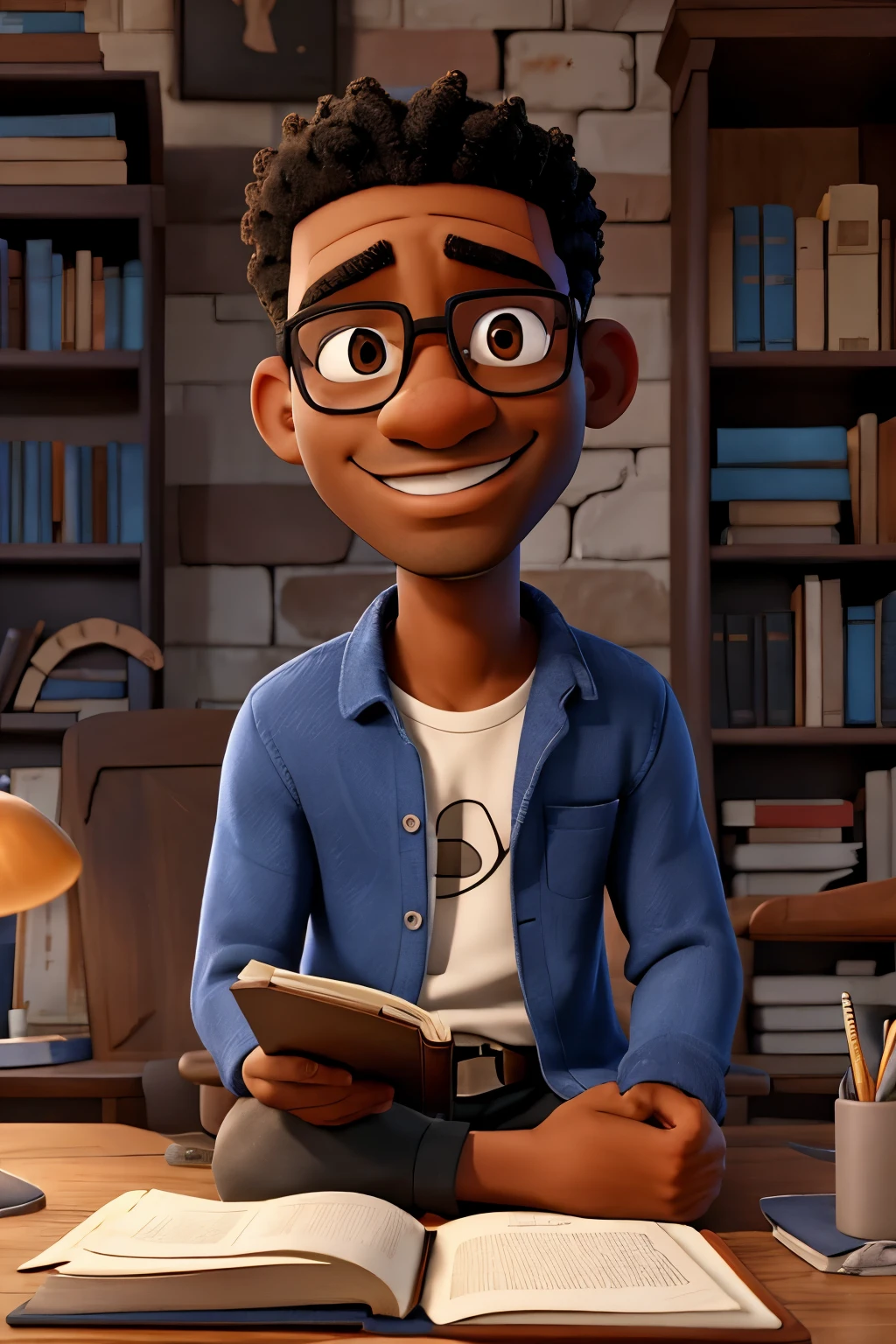 Black man sitting with book in hand and reading glasses 
