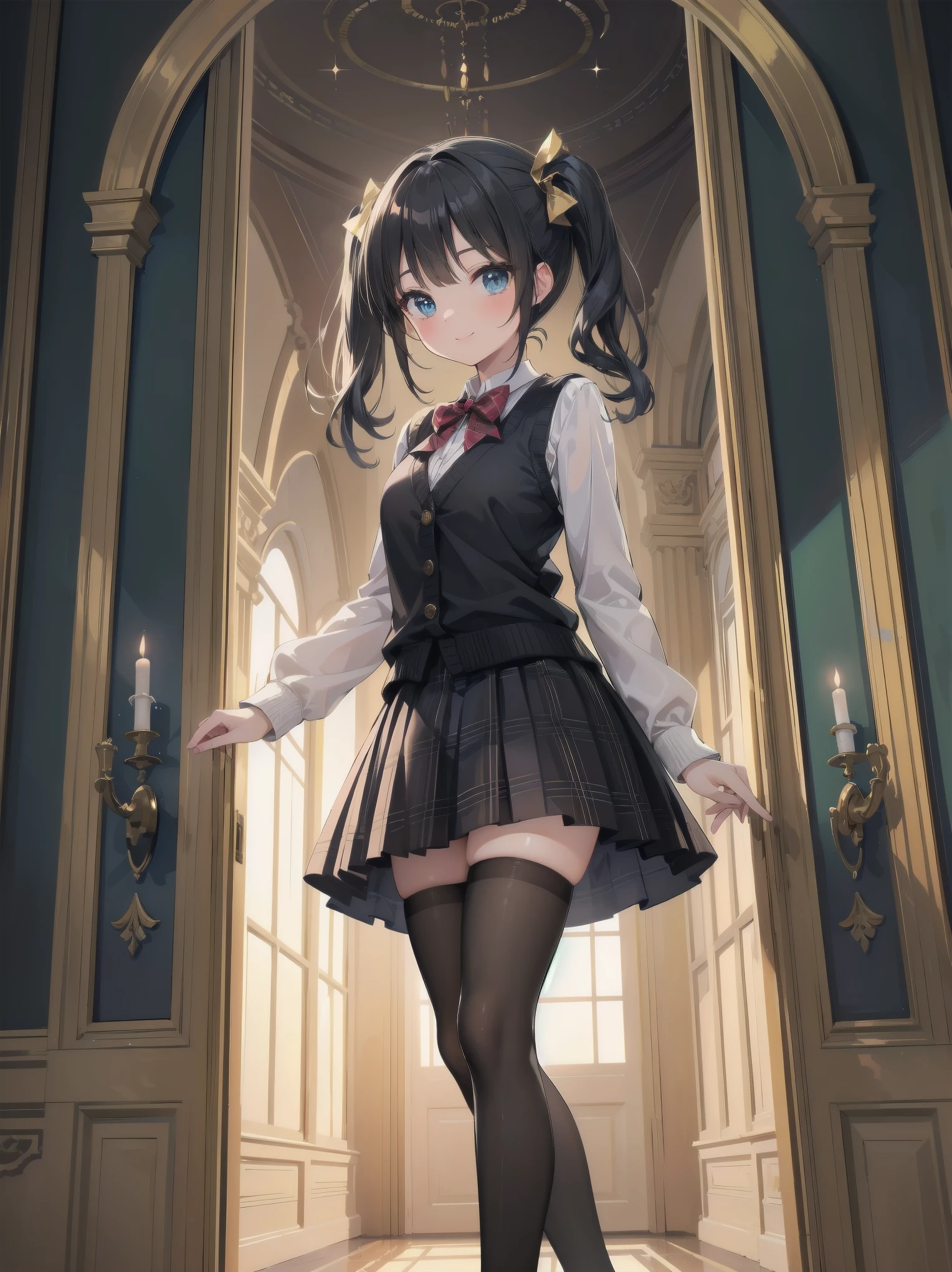A lavish, photorealistic illustration of Soro, a charming 19th-century maiden, exudes elegance in a masterfully crafted scene. Framed by a ornate, gilded archway, she stands poised, her twintails adorned with sparkling bows, her cardigan vest and short-sleeved shirt perfectly complementing her plaid skirt. Over black legwear, her loafers add a touch of whimsy. A radiant smile spreads across her face, her eyes sparkling like diamonds in the soft, golden light. Every detail, from the intricate lace trim to the delicate folds of her garments, is meticulously rendered by a master illustrator's hand, Dynamic angle shooting by Spielberg、Audrey Hepburn&#39;s acting instruction: Dynamic poses