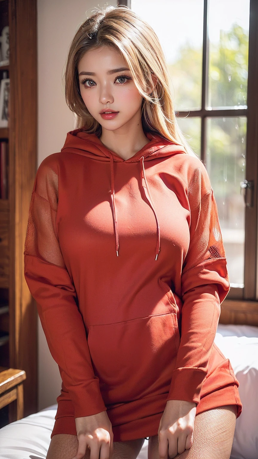 ((Highest quality、8K、masterpiece:1.3))、(Very large breasts:1.3)、((Photorealistic、Perfect Style:1.3))、((Beautiful 18 year old Japanese girl、One Woman:1.3))、((She has a slim waist and large breasts, like a gravure idol.、Highly detailed face and skin texture with beautiful eyes、Eye highlights:1.3))、((Blonde mesh colored super long hair:1.3))、((Blonde, flashy gal-type woman、A simple red hoodie:1.3))、((Very tanned brown skin:1.5))、((She looks flashy but has a very gentle personality.、At the window on a rainy day、I'm so embarrassed my face is red、Sexy poses that accentuate the curves:1.3))