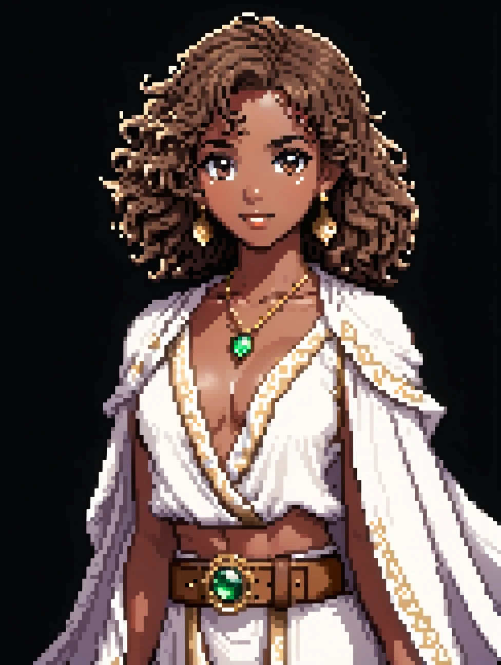 (Pixel art: 1.2), 1 young woman, 23 years old, dark skin, with medium dark brown curly hair held back by a cloth, wearing a medieval white robe covering entire body with floral details, a light brown leather belt, gold earrings, A necklace with green stone, front view, visible lips and nose, Black background, strong physique.