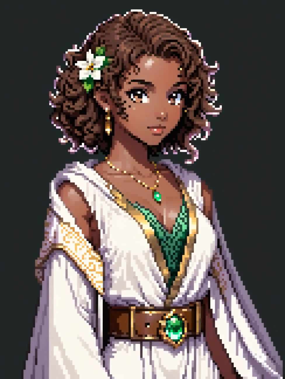 (Pixel art: 1.2), 1 young woman, 23 years old, dark skin, with medium dark brown curly hair held back by a cloth, wearing a medieval white robe covering entire body with floral details, a light brown leather belt, gold earrings, A necklace with green stone, front view, visible lips and nose, Black background, strong physique.