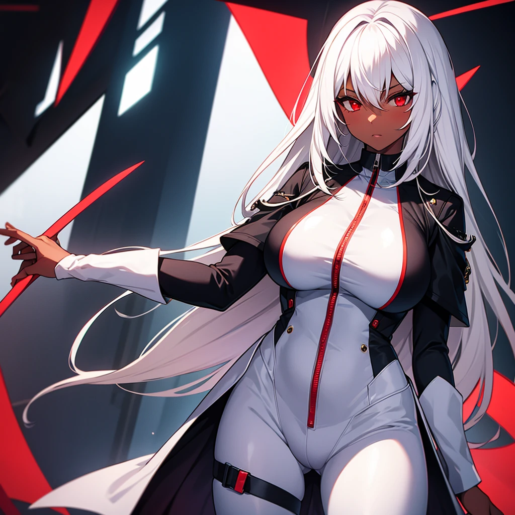 girl, With big breasts, white spy suit, Dark skin, white hair and red eyes