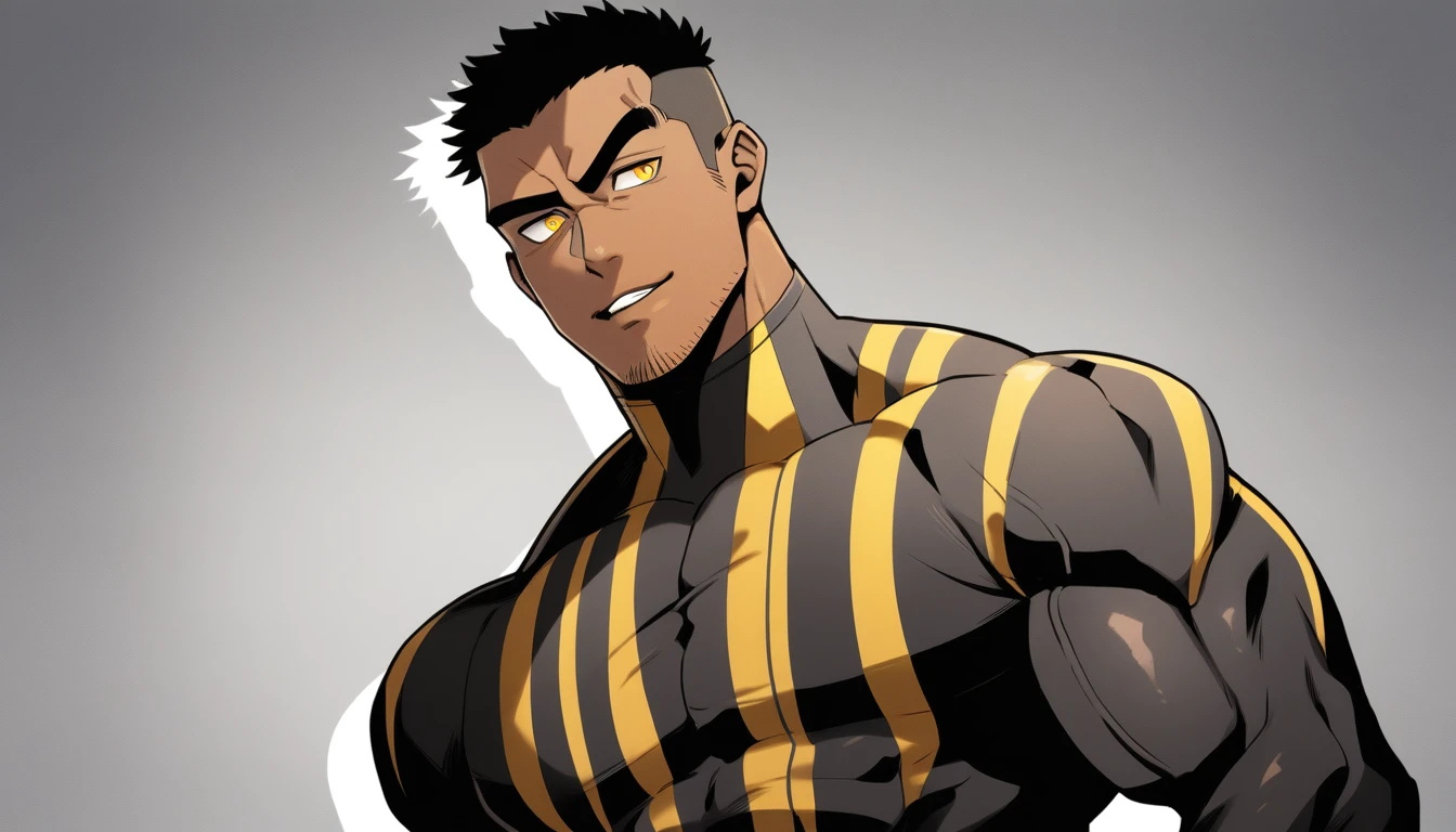 anime characters：Tights superhero, Muscle superhero, negro black skin, 1 dark skin muscular tough guy, Manliness, male focus, Yellow and black striped high collar long sleeve tight T-shirt, Slightly transparent material, Very tight, Round, full and perky chest muscles,Male dog waist,Slightly transparent, muscular male, muscular, only, Upper body, alone, Black short hair, Thick eyebrows, stubble, Yellow eyes, Grey background, simple background, amazing quality, best aesthetics, Ridiculous, bright pupils, crew cut, parted lips, seductive smile, torogao, naughty face, drop shadow, best quality