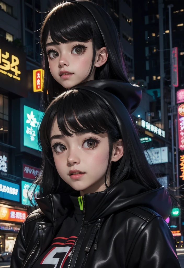 masterpiece, best quality, half body, portrait, night city, 1girl, anime, 3D, Japan, pixar, realistic,  girl, smiling, cute face, harajuku fashion style, rain coat, beautiful, colourful, neon lights, cyberpunk, smooth skin, illustration, artstation, painting by stanley artgerm lau, sideways glance, foreshortening, extremely detailed 8K, smooth, high resolution, ultra quality, highly detail eyes, highly detail mouth, highly detailed face, perfect eyes, both eyes are the same, true light, glare, Iridescent, Global illumination, (long straight hair), (side comb hair), Big Breasts:1.7, real light, real shadow, real face, hd, 2k, 4k, 8k, 16k, realistic light, realistic shadow, bright Eyes, fluorescent eyes, soft light, dream light