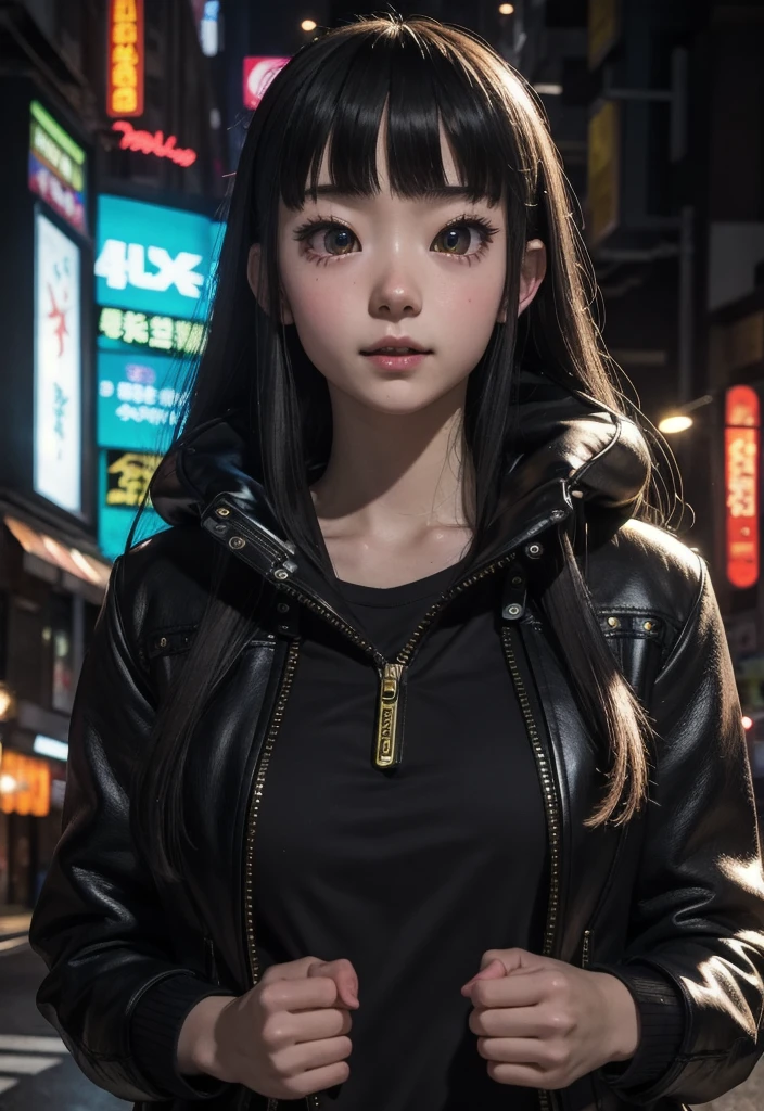 masterpiece, best quality, half body, portrait, night city, 1girl, anime, 3D, Japan, pixar, realistic,  girl, smiling, cute face, harajuku fashion style, rain coat, beautiful, colourful, neon lights, cyberpunk, smooth skin, illustration, artstation, painting by stanley artgerm lau, sideways glance, foreshortening, extremely detailed 8K, smooth, high resolution, ultra quality, highly detail eyes, highly detail mouth, highly detailed face, perfect eyes, both eyes are the same, true light, glare, Iridescent, Global illumination, (long straight hair), (side comb hair), Big Breasts:1.7, real light, real shadow, real face, hd, 2k, 4k, 8k, 16k, realistic light, realistic shadow, bright Eyes, fluorescent eyes, soft light, dream light