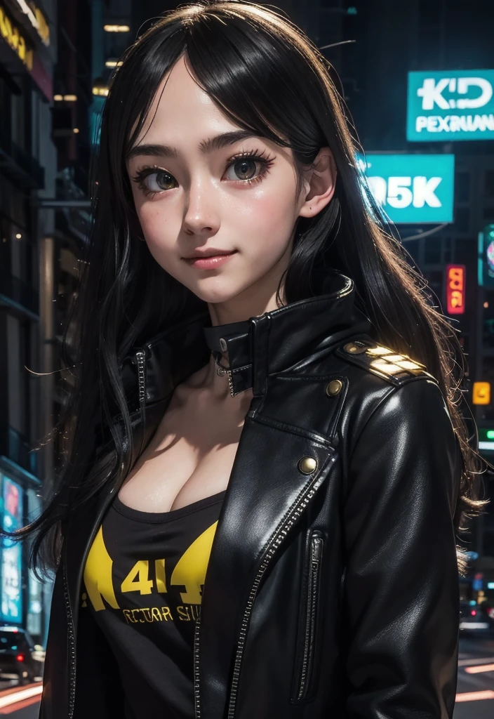 masterpiece, best quality, half body, portrait, night city, 1girl, anime, 3D, Japan, pixar, realistic,  girl, smiling, cute face, harajuku fashion style, rain coat, beautiful, colourful, neon lights, cyberpunk, smooth skin, illustration, artstation, painting by stanley artgerm lau, sideways glance, foreshortening, extremely detailed 8K, smooth, high resolution, ultra quality, highly detail eyes, highly detail mouth, highly detailed face, perfect eyes, both eyes are the same, true light, glare, Iridescent, Global illumination, (long straight hair), (side comb hair), Big Breasts:1.7, real light, real shadow, real face, hd, 2k, 4k, 8k, 16k, realistic light, realistic shadow, bright Eyes, fluorescent eyes, soft light, dream light