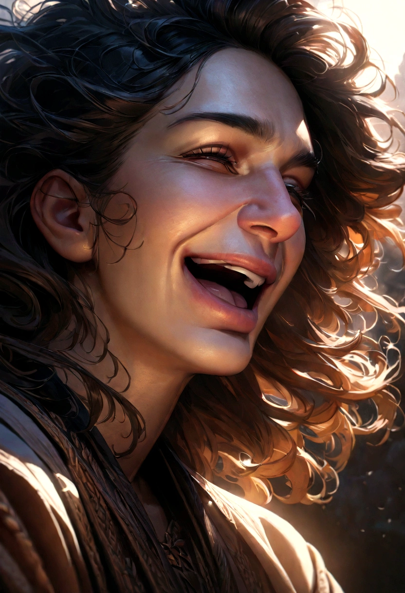 a laughing jesus, ultra-detailed, hyperrealistic, large nose, exaggerated expression, dramatic lighting, dramatic shadows, bold colors, vibrant, 8k, high quality, masterpiece, stunning portrait, photorealistic, intricate details, dynamic composition, emotional, powerful, awe-inspiring
