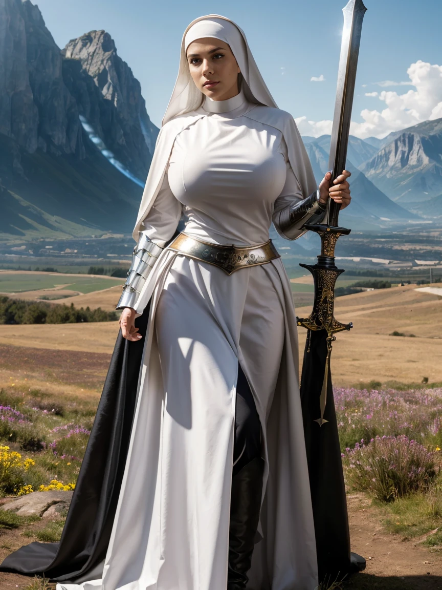 (masterpiece, top quality, best quality, official art, beautiful and aesthetic:1.2), (1girl:1.3), ((Sharp facial features, sharp features, hawkish features)), ((blue eyes)), busty brunette paladin knight girl, extremely detailed, portrait, looking at viewer, solo, (full body:0.6), detailed background, full-body shot, (warm mountain meadow theme:1.1), holy knight, (nun), charlatan, smirk, mysterious, swaying in mountains, armor, polished metal, gold trim, long boots, white fabric, pelvic curtain, robe, pale leather, ((((nun, greatsword, corona, holy aura, heavy armor, armored, long legs, pelvic curtain, toned, muscular)))), slim waist, slim hips, long legs, medieval (mountain exterior:1.1) background, dark mysterious lighting, shadows, magical atmosphere, dutch angle