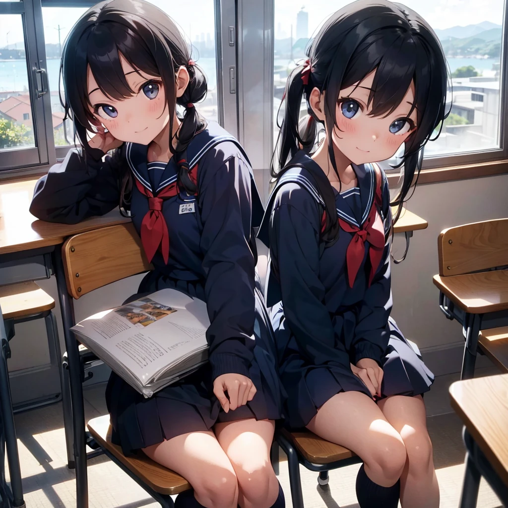 Highest quality, Very detailed, masterpiece, One Girl, Sit on a chair, talk, Smile, , (low twintails:1.2), Low Pigtails, Black Hair, Long Hair, (Navy blue sailor suit:1.4), Blue ribbon, Long sleeve, School desk, School Chair, classroom, from the front, window, distant cityscape, A town with hills, Sea in the back, 16 o'clock, anime, (Close up on face),