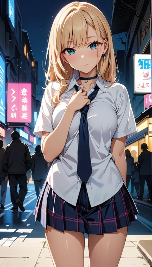 (highest quality:1.2, Anime artwork, Very detailed, High Detail, digital coloring, High Contrast, masterpiece:1.2, highest quality, Best aesthetics), (((kitagawa marin, 1 girl))), Black Hair, Straight long hair, Pink gradient hair, empty eyes, Earrings, White shirt, Black choker, Blue tie, Checked skirt, Pouting, slouch, Are standing, Cowboy Shot, bustling street, lift skirt myself,show panty