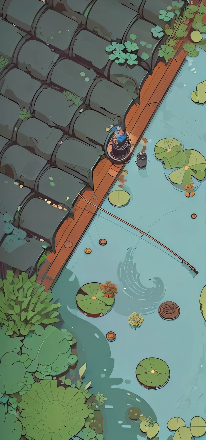 cartoon of a man fishing In the pond with lily pads, game illustration, detailed 2d illustration, scifi gadgets In the pond, Low-fidelity illustration style, Detailed game art, Top-down perspective, There are children, cats, fish ponds and gardens., Extremely detailed scene, In the pond, Laurie Greasley style, Detailed game art illustration, lofi style, 2d illustration