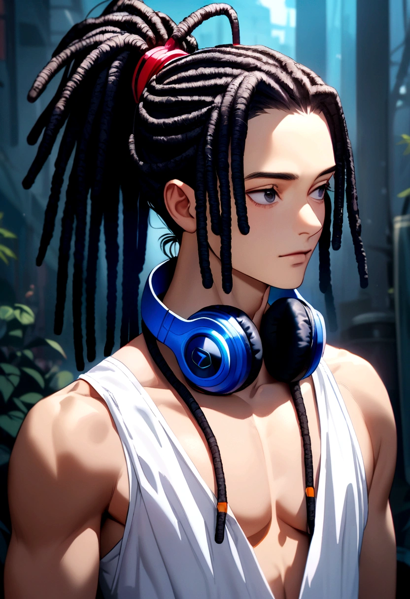 black haired boy, dreadlocks tied in a high ponytail, black eyes, white tank top with exposed chest, dark blue headphones around his neck.