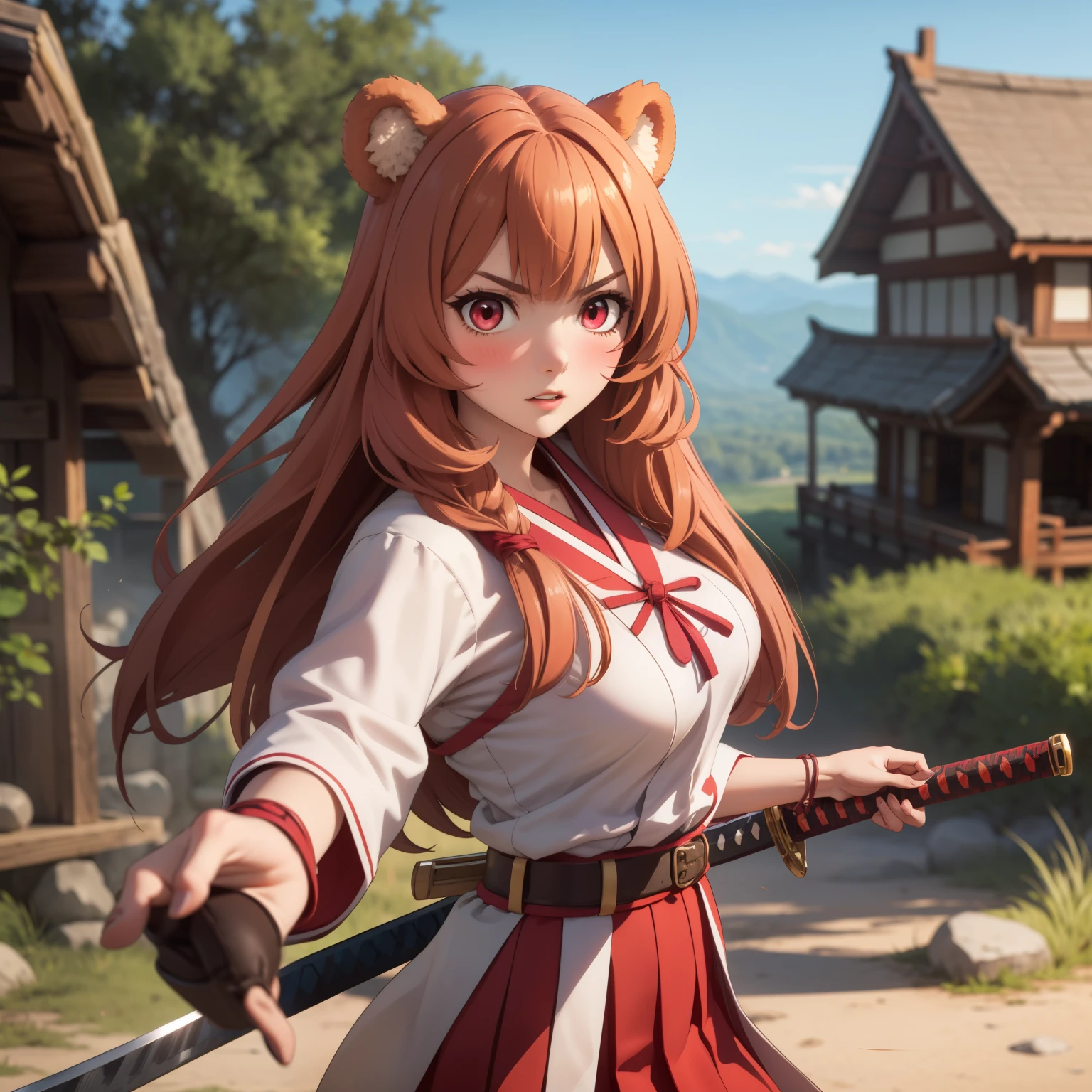 Raphtalia woman 20 years old straight orange hair , bear ears redondeadas, red eyes like ruby., serious expression, blush, pale skin, big breasts, japanese priestess clothing, White and red, pink belt, , bear ears, , He holds a katana in his hands fighting pose against the background of a battlefield. 1 single woman, alone girl.